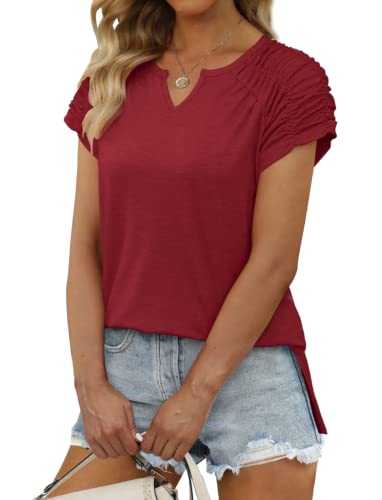 Womens Shirts Summer V Neck Short Sleeve Shirts Loose Fit Polyester Tshirts Flowy M #TOP29