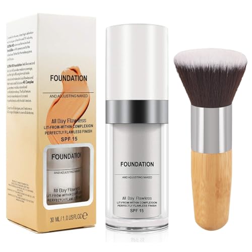 EONFAVE Base de maquillaje que cambia de color con pincel, base de cambio de color líquida, base hidratante SPF 15, maquillaje resistente al agua para tonos de piel claros a medios, acabado impecable