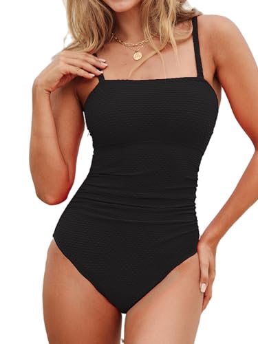 CUPSHE Women's One Piece Swimsuit Tummy Control Ruched Bathing Suit Square Neck Crisscross Back Tie Hollow Out