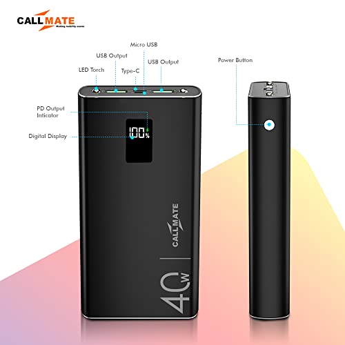 Image of CALLMATE 20000Mah Power Bank, 40W Charging with Type C Pd (Input & Output) | Led Lamp |Metal Body, 3 Output Ports and 2 Input | Digital Display (Black, Lithium Polymer), Black