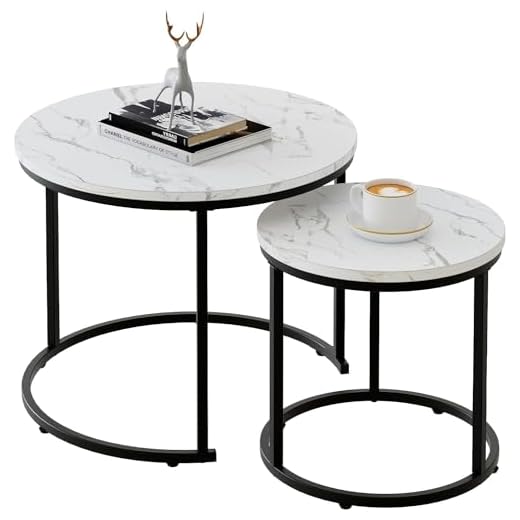 Huhote Round Coffee Tables, Set of 2 End Table, Nesting Tables, Side Table with Metal Frame for Living Room/Bedroom/Balcony/Office/Apartment, Diameter 23.6/15.7 IN (Black Frame, White Marble Top)