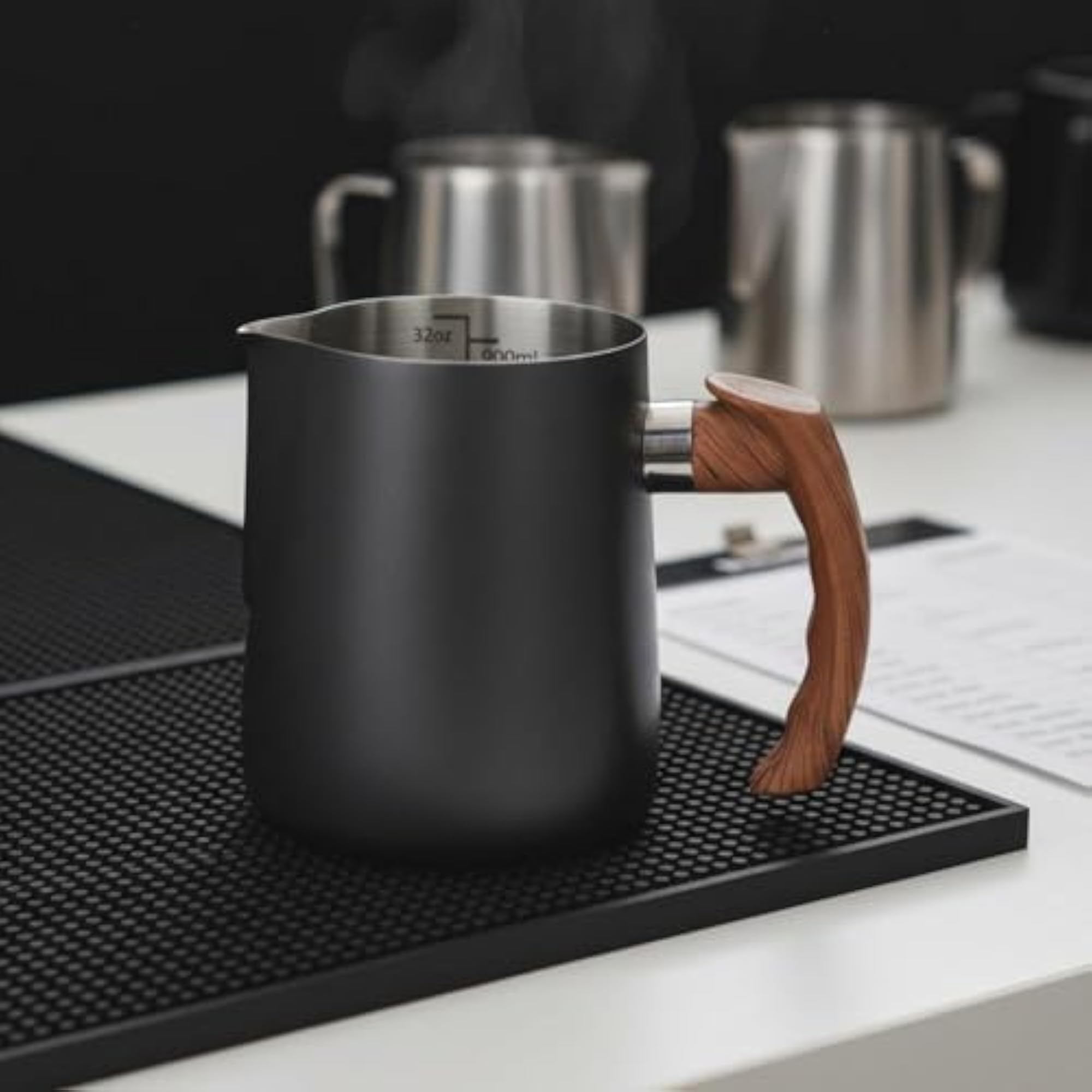Latte Art Jug with Wooden Handle, Stainless Steel