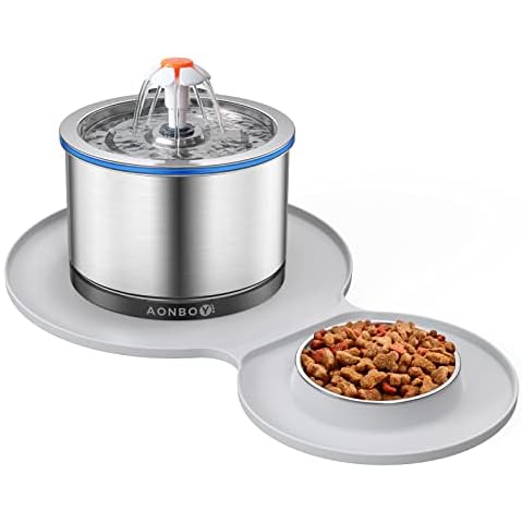 AONBOY Drinking Fountain for Cats, Two-in-One Suit, 2.5 L Stainless Steel Cat Drinking Fountain with Mute Pump, LED Night Light, Drinking Fountain for Cats, Dogs with Activated Carbon Filter, Cat Bowl Cover