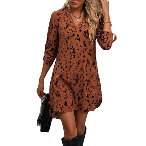 fdsmall Damen Casual Boho Midi Kleider Leopard Print V-Ausschnitt Lange Krawatte Ärmel Kleid Loose Taille Über dem Knie Kleid (DE/NL/SE/PL,...