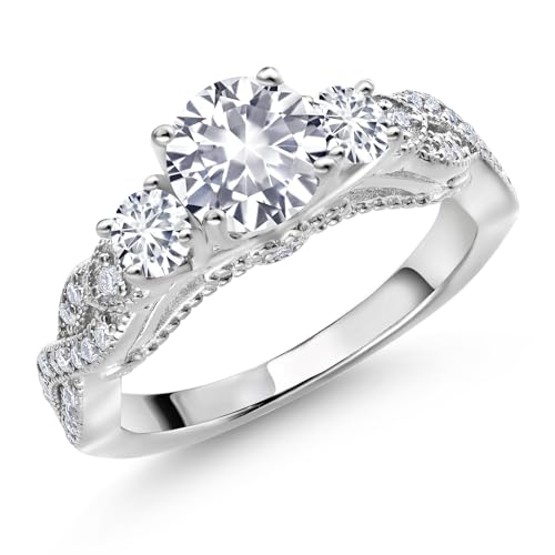 Gem Stone King 925 Sterling Silver White Created Sapphire White Lab Grown Diamond and White Moissanite Engagement Ring For Women (1.47 Cttw, Gemstone September Birthstone, Round 6MM and 3MM)