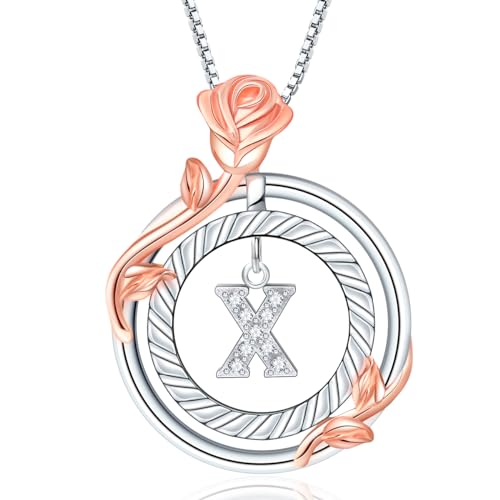 RIVIKO Graduation Gifts for Her,925 Sterling Silver Rose Circle Initial Necklaces,Initial Letter Pendant Necklaces Personalized Jewelry Anniversary Christmas Birthday Gifts for Her Mom Wife Girlfriend