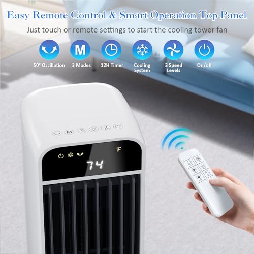 Image of Portable Evaporative Air Cooler, 2 in 1 Swamp Cooling Tower Fan with Remote, 4 Ice Packs, 50 Oscillation, 12H Timer, 3 Speeds 3 Modes, Fans That Blow Cold Air for Home Bedroom Office, White
