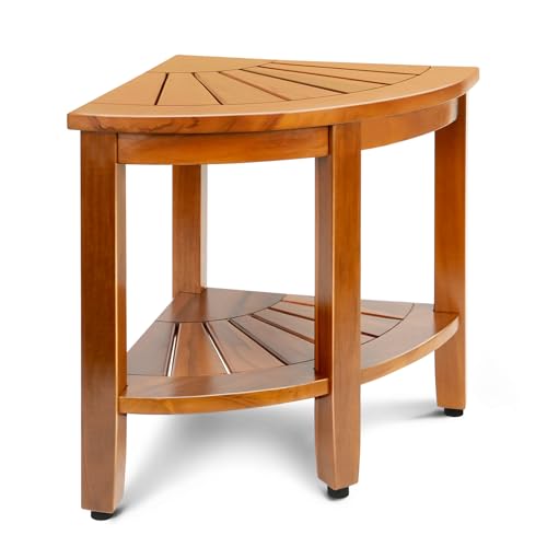 MRTEAK 18 Premium Teak Corner Shower Bench with Shelf Solid Teak Shower Stool Durable Waterproof Wooden Seat for Inside Shower Teak Wood Bench for Bathroom Indoor & Outdoor Use
