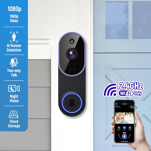 1080p Smart Video Doorbell Camera Wireless, Live View, AI Human Detection, Night Vision, Cloud Storage, 2.4G WiFi, Batte - Additional View
