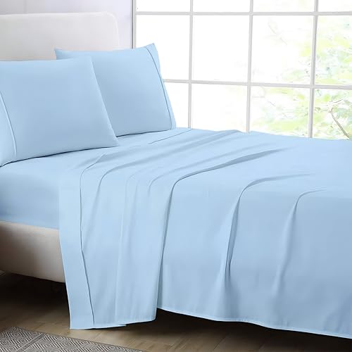 Image of Light Blue King Flat Sheet Only, Soft 100% Cotton Top Sheets | Sateen Weave 1 Piece Cool & Breathable Luxury Hotel Quality Bed Sheets, Extra Soft and Comfy - Wrinkle Free Bedsheet