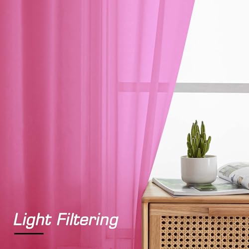 Image of Simplebrand Rod Pocket Top Solid Voile Sheer Curtains for Bedroom, 54 Inch Length Drapes Set of 2, Lightweight and Light Filtering Elegant Hot Pink Curtains Panels Window Treatment, 42Wx54L, Hot Pink