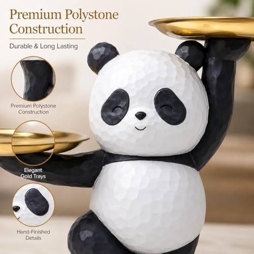 Image of ARMONIA Butler Panda Decorative Figurine with Dual Golden Trays, 25 cm Height, Balanced Design, Premium Materials, Black and White