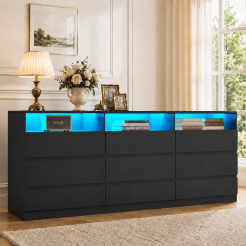 Image of Loomie 9 Drawer Dresser for Bedroom with LED Lights & Power Outlet