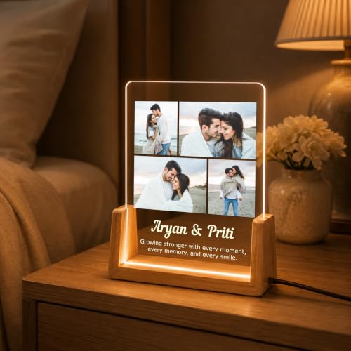 Image of Giftplease Personalized LED Acrylic Photo Frame with Custom Photos & Names | Engraved Acrylic Picture Lamp | Wooden Base | USB Warm LED Night Light | Anniversary, Wedding, Birthday, Couple, Family