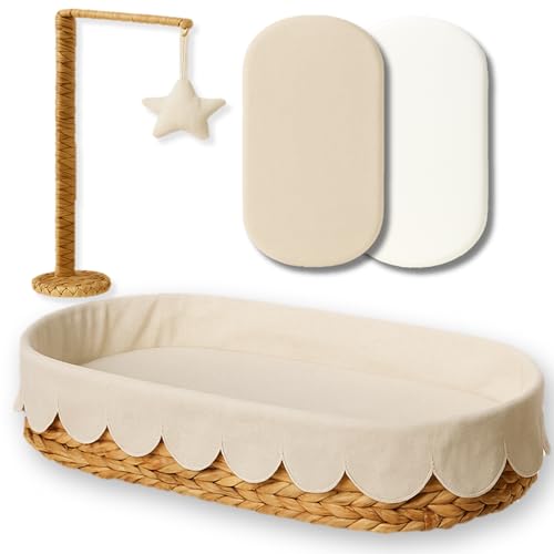 Baby Changing Basket – Moses Basket Bassinet & Changing Table Topper for Dresser – Handwoven Wicker Bassinet for Baby – Waterproof Pad + Linen Cover – Scalloped Changing Basket for Baby Dresser