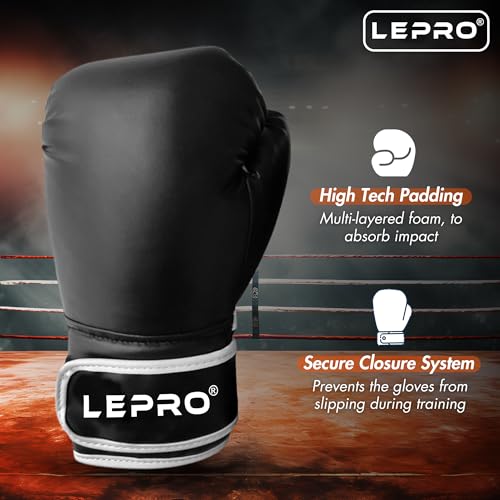 Image of LEPRO Boxing Gloves, PU Leather Boxing Gloves for Men & Women for Training and Match Boxing Gloves for Karate Muay Thai Kick Taekwondo Training (10oz, Black)