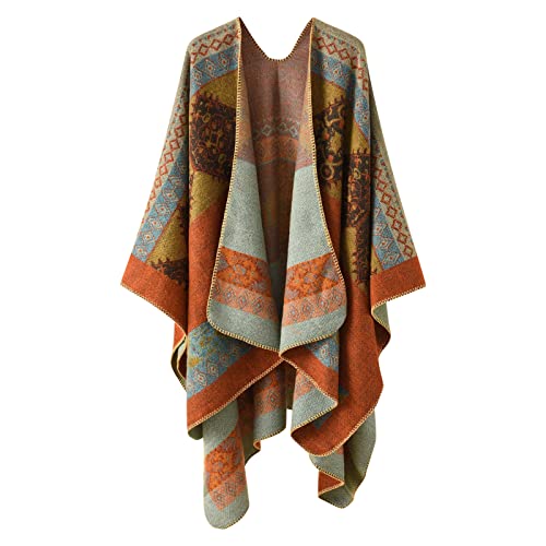 Sisifa Damen Boho Pullover Poncho Schal Wrap Cape Mantel Winter Herbst Vintage Print Stricken vorne offene Strickjacke Decke