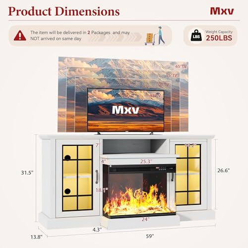 Image of MXV 59'' Fireplace TV Stand, Farmhouse Entertainment Center with 3 Sided Glass TV Stand, Modern Media Console Table with Storage Drawers & Cabinets with LED Flame and Lights for Living Room, White