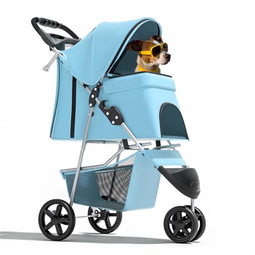 Image of Magshion 3-Wheel Pet Stroller, Foldable Travel Jogger for Small & Medium Dogs & Cats (Up to 33lbs), Lightweight Carrier with Breathable Mesh Cover, Cup Holder & Storage Basket, Mint Green