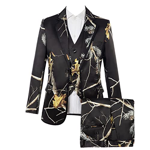 HBDesign Mens 3 Piece 2 Button Black Print Camouflage Custom Suit (Jacket+Vest+Pants)