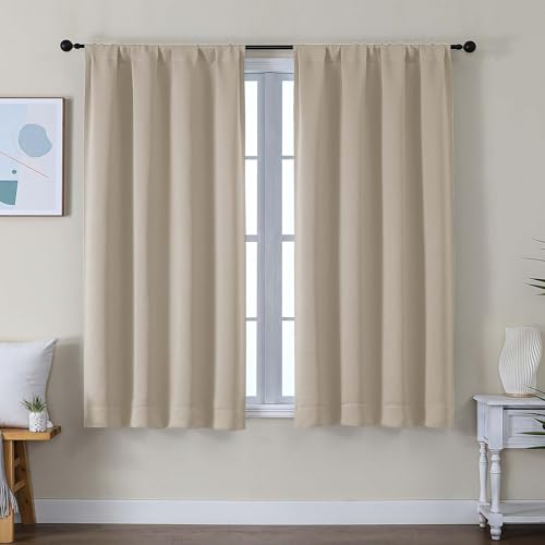 Image of Simplebrand Ava Biscotti Beige Short Blackout Curtains for Bedroom 54 Inches Long 2 Panels Set, Solid Thermal Insulated, Energy Saving Window Treatment Curtains Blackout Drapes, W40 x L54 Inch