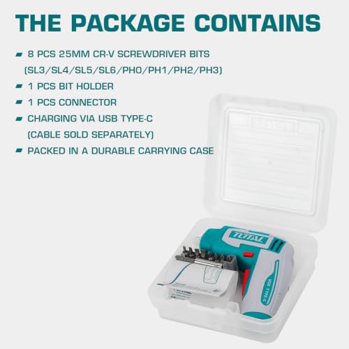 Image of TOTAL 4V Cordless Screwdriver, 4Nm Torque, 240RPM, 8 Cr-V Bits | Integrated LED Work Light, 1 /4 Inch Hex Shank, Type-C Charging, Bit Holder, Connector and Carrying Case