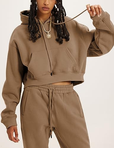 Tanming Women 2 Piece Outfits Sweatsuits Crop Pullover Fleece Sweatshirt Jogger Pants Lounge Set3