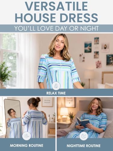 Image of Casual Nights Women's Zip Front Woven House Dress | 3 /4 Sleeves Housecoat Long Duster Lounger