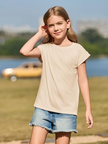 Image of Haloumoning Girls Cap Sleeve T Shirts Kids Summer Crewneck Solid Tops Tees 5-14 Years