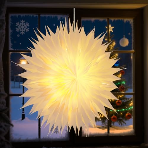 BAYHT Beleuchteter 3D Weihnachtsstern – Weißer Papierstern Ø 60 cm...