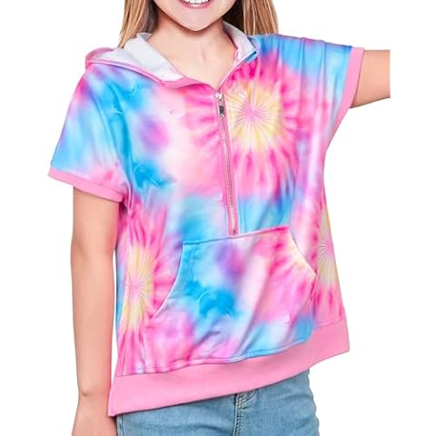 Lattlefnki Girls Short Sleeve Hoodie Half Zip Up Hoodies Oversized Casual Sweatshirts Pullover Tops with Pockets 7-12 Years Purple Tie Dye Cover