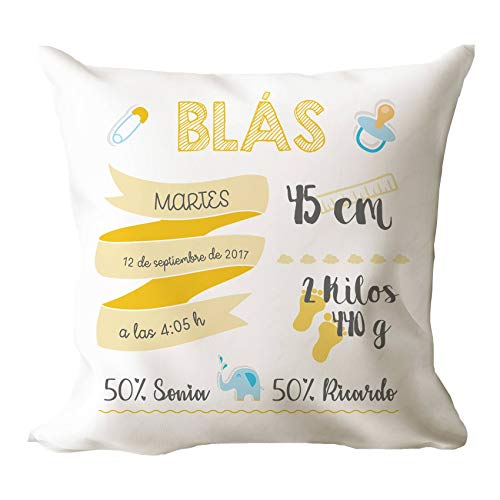 AR Regalos Cojín Personalizado con Datos de Nacimiento del bebé - Amarillo
