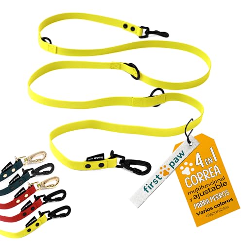 FIRSTPAW Correa Perro Adiestramiento 2 Metros Amarillo - Impermeable, Fuerte, Multifuncional y Ajustable Correa Doble para Perros - Correa Manos Libres Perro para Pequeños, Medianos y Grandes Perros