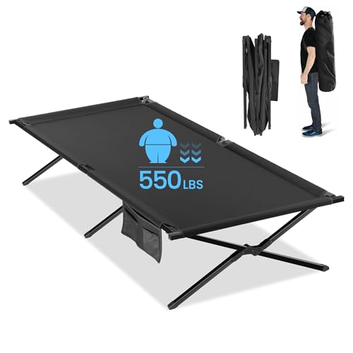 LING RONG Extra Wide Camping Cot for Adults Oversized Sleeping Cots XXL Folding Bed with Carry Bag Portable Cot for Outdoor,Support to 550 lbs,Black
