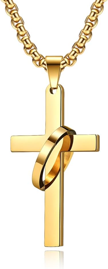 Aprila Cross Necklace for Men,Stainless Steel Black Silver Jesus Christ Crucifix Pendant Necklace Jewelry，60cm Rolo Chain