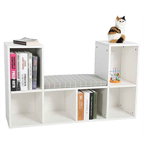 EBTOOLS Estante de Almacenamiento + Cojín, Estante para Libros Librero Multifuncional con Rincón de Lectura Uso en Oficina Doméstico (Blanco)