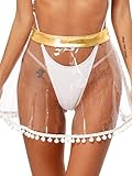 Sxiwei Women’s See Through Pompom Hem Mini Skirt Beach Swim Clear Cover Up Rave Festival Bottoms Gold Medium