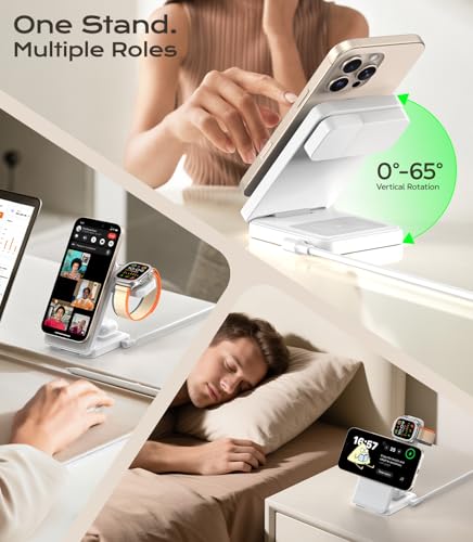 3 in 1 Magnetic Charging Station, 15W Fast Wireless Charger Compatible with MagSafe Charger Stand for iPhone 17 16 15 14 13 12, Apple Watch Charger & AirPods, Foldable Travel Charging Dock, White image 6