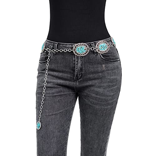 Western Women’s Turquoise Concho Chain Belt, Metal Antique Silver Waist Chain Belt For Ladies (Turquoise), Medium/45.5 Inch #TOP3