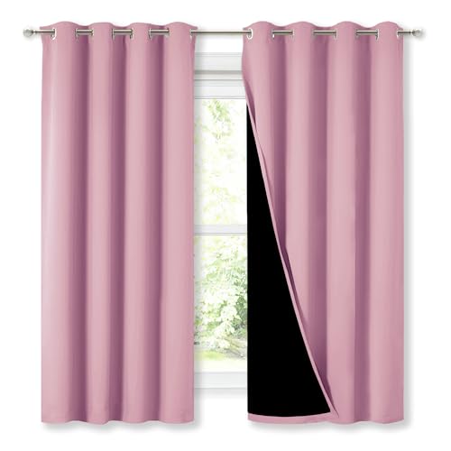 Image of NICETOWN 100% Blackout Curtains with Black Liners, Thermal Insulated Full Blackout 2-Layer Lined Drapes, Energy Efficiency Window Draperies for Bedroom (Crystal Pink, 2 Panels, 52-inch W by 63-inch L)