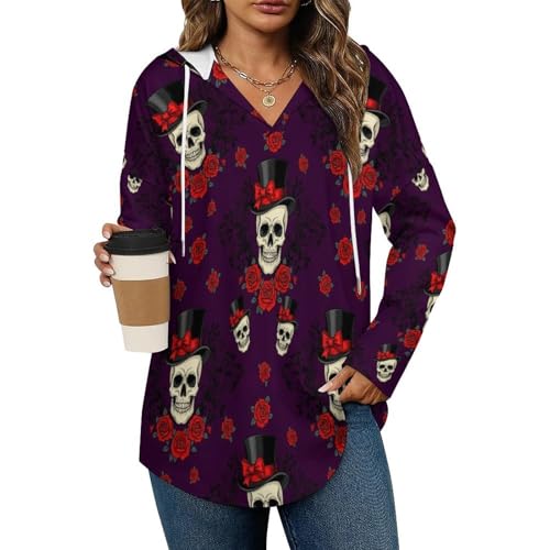 Womens Bodysuit Pullover Shirts Tops Long Sleeve Hoodie Day of The Dead Red Roses Magic Hat Mexican Sugar Skulls Tshirt, S-3XL