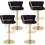 VECELO Bar Stools Set of 4, Adjustable Barstools Counter Height Stools with Back and Arm, Velvet Woven Kitchen Island Stools w/Gold Metal Leg & Base, 360° Swivel Bar Chair for Pubs Dining Room, Black