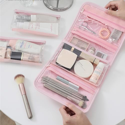 Travel Cosmetic Bag for Women, Foldable Toiletry Bag with 3 Removable Pockets, Small Waterproof Makeup Organizer Bag for Brushes, Cosmetics, Accessories, Toiletries, Pink3
