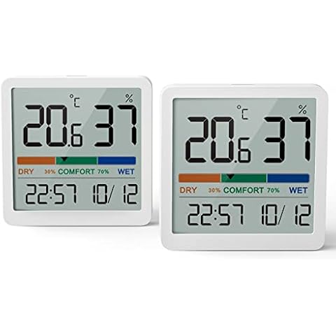 NOKLEAD Room Thermometer Hygrometer Small Digital Temperature Humidity Meter Indoor Thermometers Sensor Air Monitor with Clock Comfort Display for Wall Baby Home Greenhouse Office Calibration,2 Pack Cover