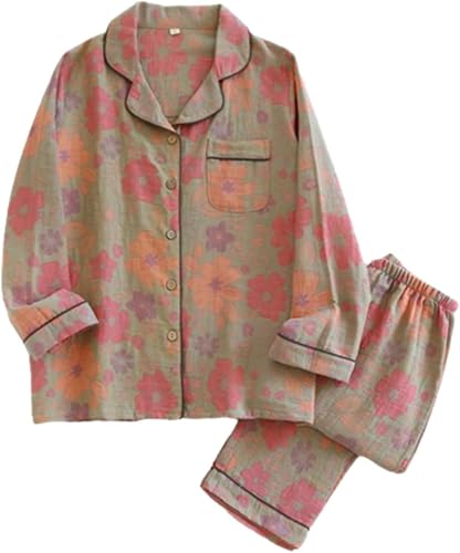 Image of Vintage Leaf Cotton Lapel Loungewear Set, Ginkgo Leaf Button Colorful Floral Pure Pajama, Women's Fashion Sleepwear