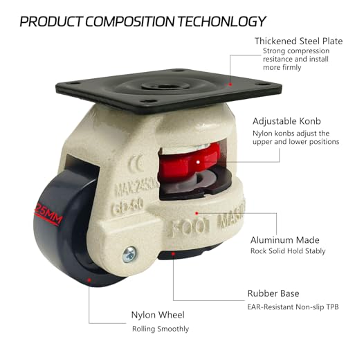 4pcs 2" Leveling Caster Swivel Wheel 60F Retractable Leveling Caster Industrial Machine Swivel Caster Heavy Duty 2200lbs