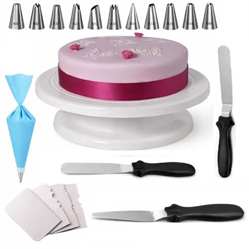 Cake Decorating Kit with 360-Degree Rotating Turntable, 12 Piece Piping Nozzles, 3 Stainless Steel Icing Spatulas, 4 Scrapers, 28cm Turntable Stand