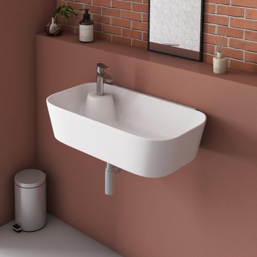 Image of Wash Basin Wall Hung Mounted cum Table Top Glossy Finish White Sink for Bathroom 18 x 10 x 4.5 Inch