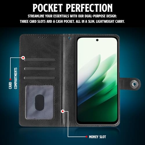 Image of WOW IMAGINE Shock Proof Flip Cover Back Case for Mi Redmi 15 5G (Magnetic Button Flip Case | Wallet Pockets & Stand | Leather Finish | Haze Black)