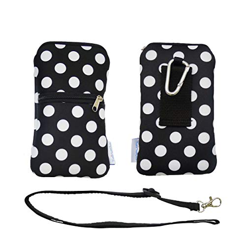 Tainada Phone Neoprene Shockproof Dual Zippered Sleeve Case Bag Pouch with Carabiner, Neck Lanyard Strap, Belt Loop for iPhone 11/12 Pro, Xs, Samsung S20, Google Pixel 4a, 5 (Polka Dots Black)